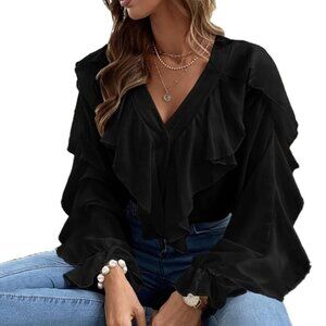 Chic Me Womens Size L Black V-Neck Wavy Edge Butterfly Long Sleeve Blouse